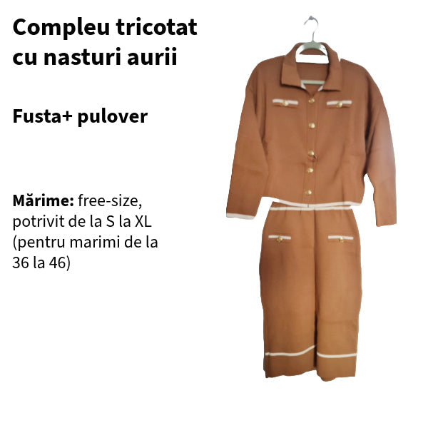 SUPER PROMO 98 LEI! Compleu camel din tricot cu nasturi aurii - fustă și pulover