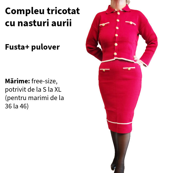 SUPER PROMO 98 LEI! Compleu camel din tricot cu nasturi aurii - fustă și pulover