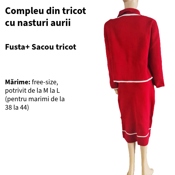 SUPER PROMO 98 LEI! Compleu rosu din tricot cu nasturi aurii - fustă și pulover