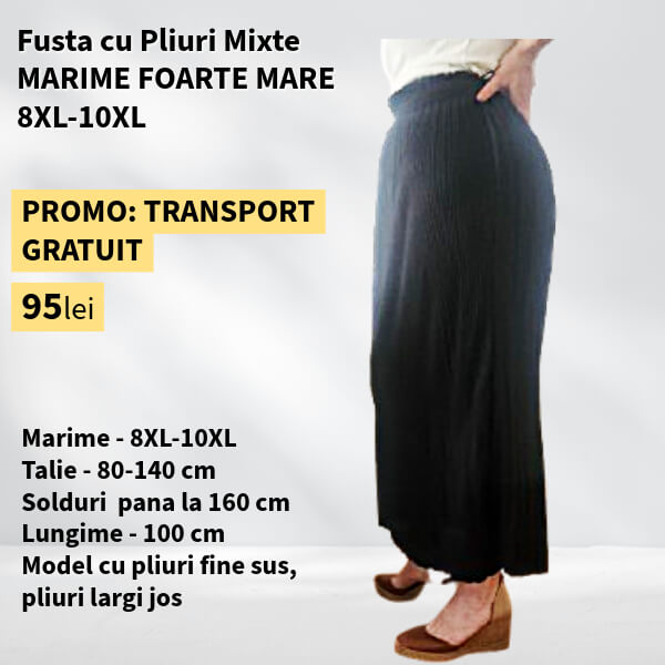 Fusta NEGRU cu Pliuri Mixte pentru MARIME FOARTE MARE - talie pana la 140cm