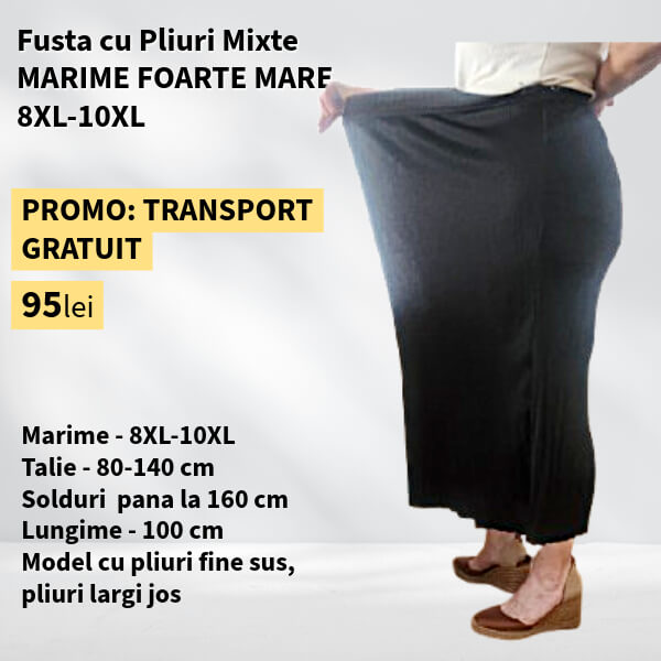 Fusta NEGRU cu Pliuri Mixte pentru MARIME FOARTE MARE - talie pana la 140cm