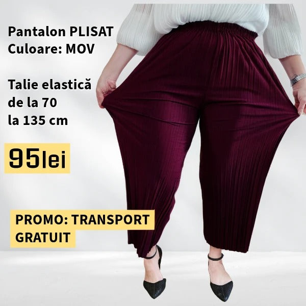 PANTALONI PLISATI culoare GRENA, talie elastica pana la 135 cm