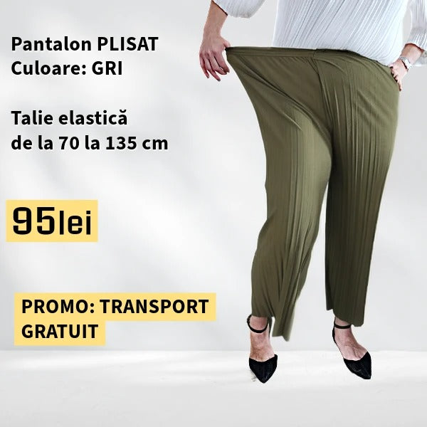 PANTALONI PLISATI culoare KAKI, talie elastica pana la 135 cm