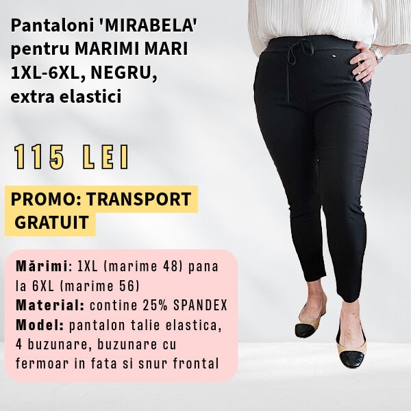 Pantaloni 'MIRABELA' NEGRU pentru MARIMI MARI, buzunar cu fermoar