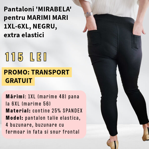 Pantaloni 'MIRABELA' NEGRU pentru MARIMI MARI, buzunar cu fermoar