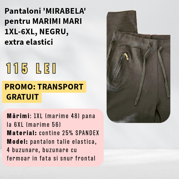Pantaloni 'MIRABELA' NEGRU pentru MARIMI MARI, buzunar cu fermoar