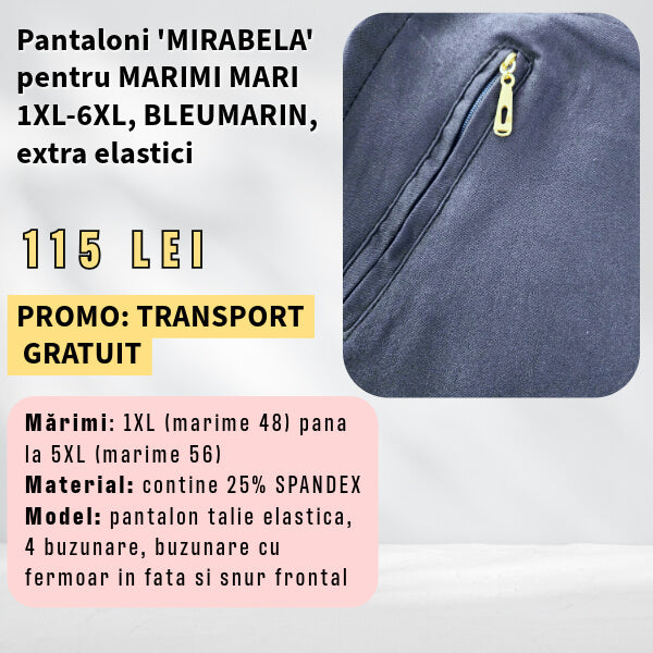Pantaloni 'Mirabela' BLEUMARIN pentru MARIMI MARI, buzunar cu fermoar