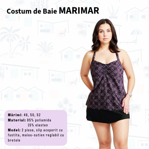 Costum de baie MARIMAR 2 piese cu slip-fusta si maiou pentru marimi mari - marimi 48-52