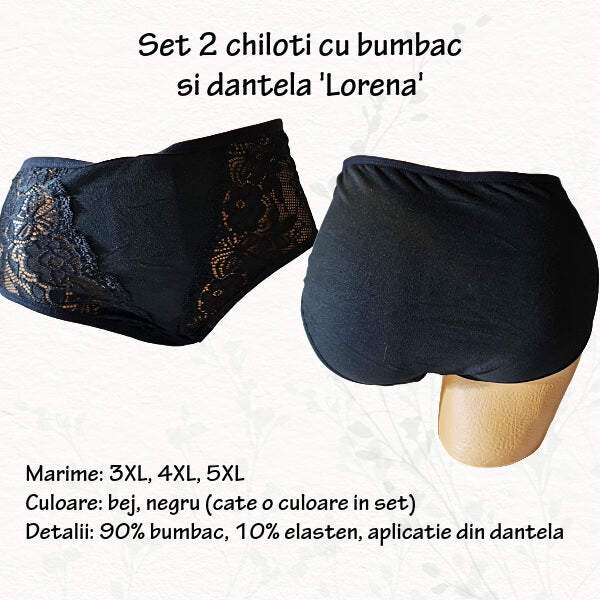 Set 2 chiloti 'Lorena' bumbac si aplicatii dantela 3-5XL