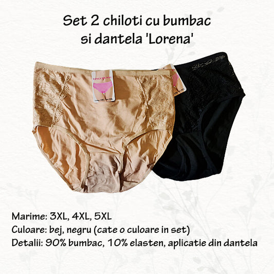 Set 2 chiloti 'Lorena' bumbac si aplicatii dantela 3-5XL