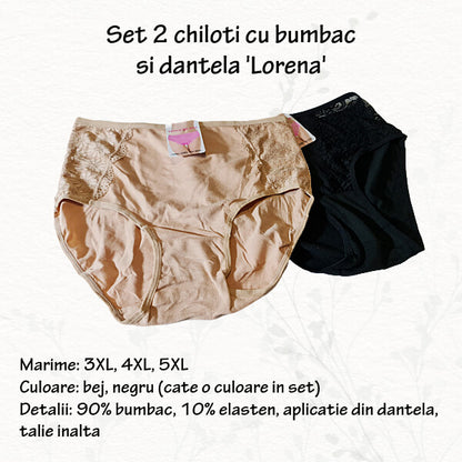 Set 2 chiloti 'Lorena' bumbac si aplicatii dantela 3-5XL