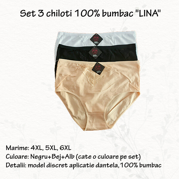 Set 3 chiloti 'Lina' 100% bumbac - 4XL, 5XL, 6XL