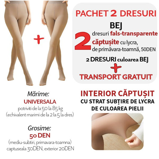 Pachet PROMO: 2 Dresuri BEJ 50DEN căptușite cu LYCRA subțire + Transport Gratuit