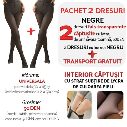 Pachet PROMO: 2 Dresuri NEGRE 50DEN căptușite cu LYCRA subțire + Transport Gratuit