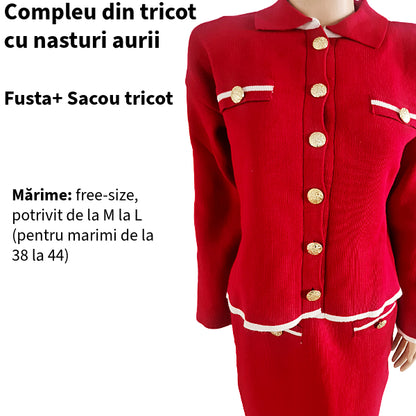 SUPER PROMO 98 LEI! Compleu rosu din tricot cu nasturi aurii  - fustă și pulover