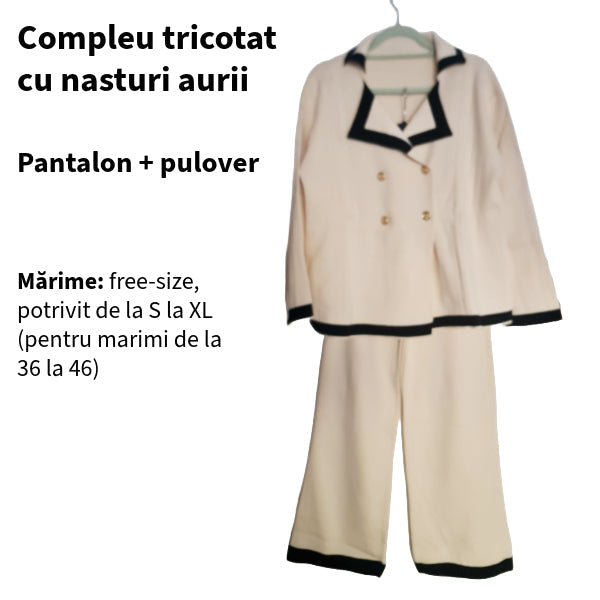 SUPER PROMO 98 LEI! Compleu crem din tricot cu nasturi aurii - pantaloni și pulover