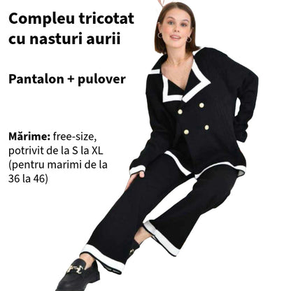 SUPER PROMO 98 LEI! Compleu crem din tricot cu nasturi aurii - pantaloni și pulover