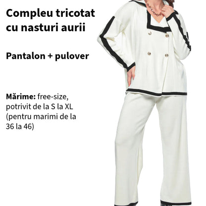 SUPER PROMO 98 LEI! Compleu crem din tricot cu nasturi aurii - pantaloni și pulover