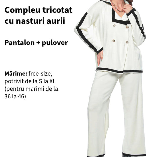 SUPER PROMO 98 LEI! Compleu crem din tricot cu nasturi aurii - pantaloni și pulover