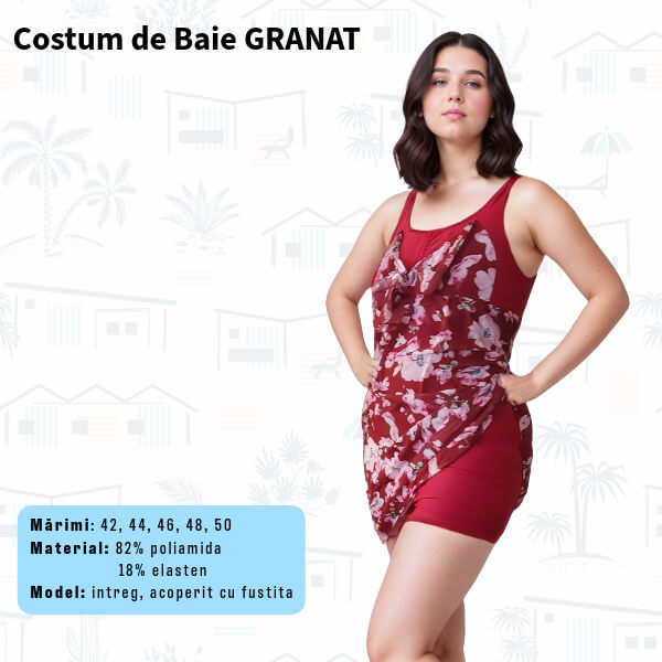 Costum de baie GRANAT intreg cu rochita - marimi 42-48