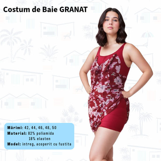 Costum de baie GRANAT intreg cu rochita - marimi 42-48