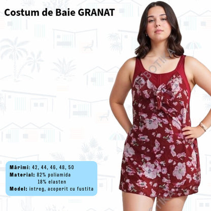 Costum de baie GRANAT intreg cu rochita - marimi 42-48