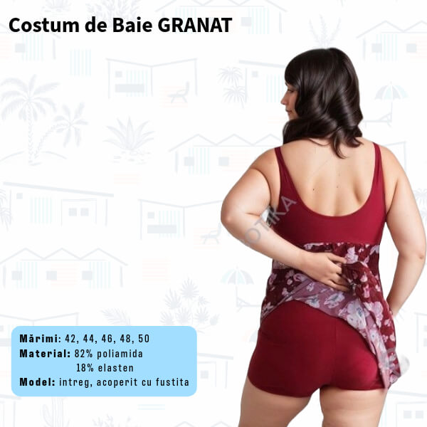 Costum de baie GRANAT intreg cu rochita - marimi 42-48