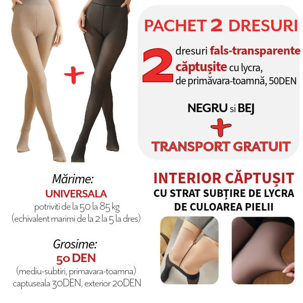 Pachet PROMO: 2 Dresuri 50DEN căptușite cu LYCRA subțire - Negru și Bej + Transport Gratuit