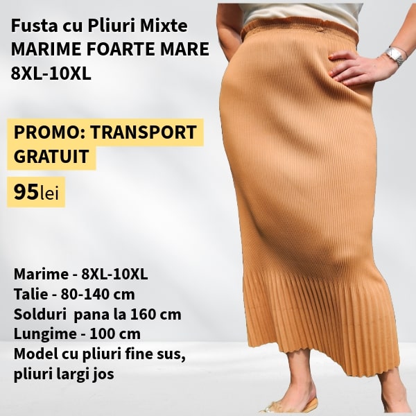 Fusta BEJ-CAMEL cu Pliuri Mixte pentru MARIME FOARTE MARE - talie pana la 140cm