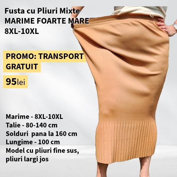 Fusta BEJ-CAMEL cu Pliuri Mixte pentru MARIME FOARTE MARE - talie pana la 140cm