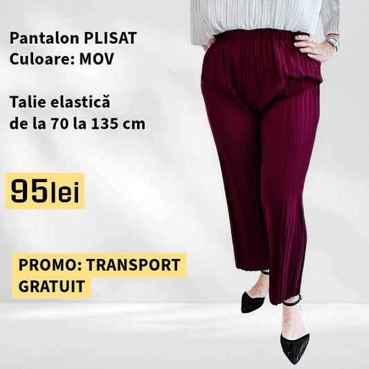 PANTALONI PLISATI culoare GRENA, talie elastica pana la 135 cm