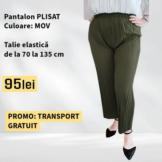 PANTALONI PLISATI culoare KAKI, talie elastica pana la 135 cm