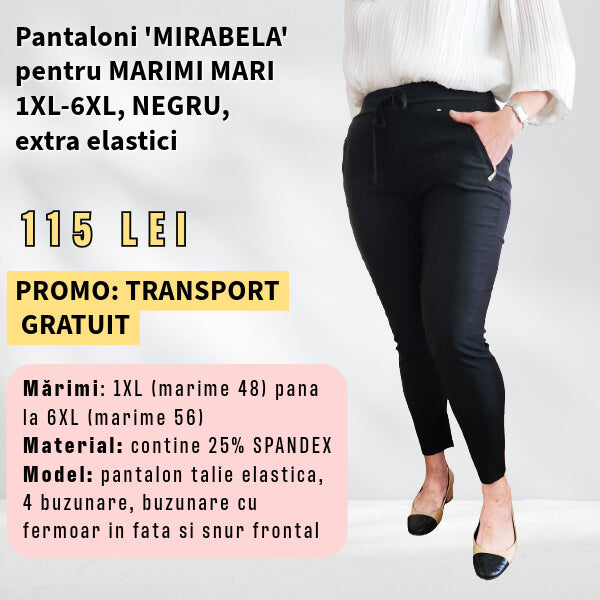 Pantaloni 'MIRABELA' NEGRU pentru MARIMI MARI, buzunar cu fermoar