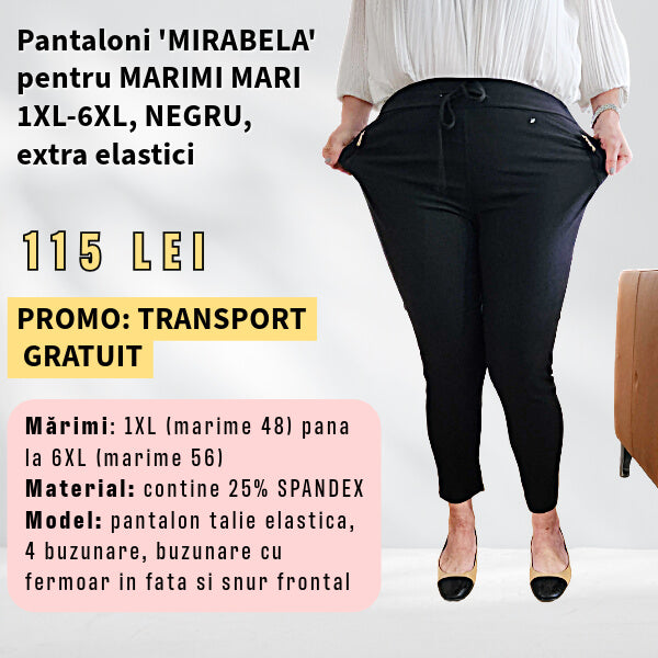 Pantaloni 'MIRABELA' NEGRU pentru MARIMI MARI, buzunar cu fermoar