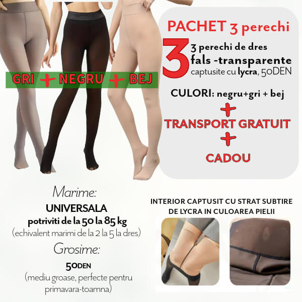 Pachet PROMO 3 Dresuri 50DEN captusite cu LYCRA - Gri, Negru si Bej + Transport Gratuit