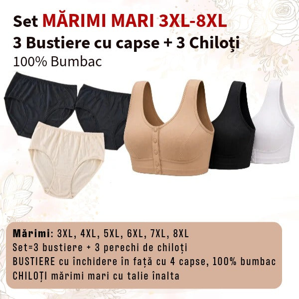 Set 3 bustiere+ 3 chiloti din BUMBAC - marimi 3XL-8XL