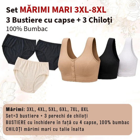 Set 3 bustiere+ 3 chiloti din BUMBAC - marimi 3XL-8XL