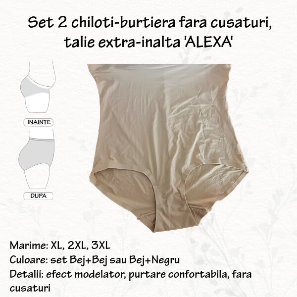 Set 2 chiloti burtiera fara cusaturi 'ALEXA' talie extra inalta, marimi 2XL, 3XL