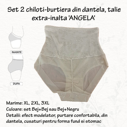 PRET PROMO- Set 2 chiloti burtiera din dantela 'ANGELA' talie extra inalta, marimi XL, 2XL, 3XL