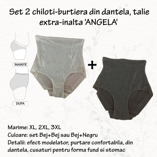 PRET PROMO- Set 2 chiloti burtiera din dantela 'ANGELA' talie extra inalta, marimi XL, 2XL, 3XL