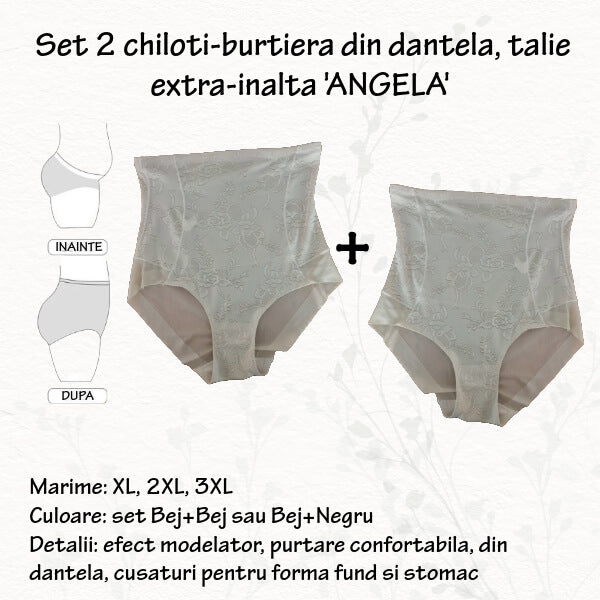 PRET PROMO- Set 2 chiloti burtiera din dantela 'ANGELA' talie extra inalta, marimi XL, 2XL, 3XL