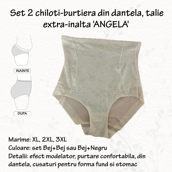 PRET PROMO- Set 2 chiloti burtiera din dantela 'ANGELA' talie extra inalta, marimi XL, 2XL, 3XL