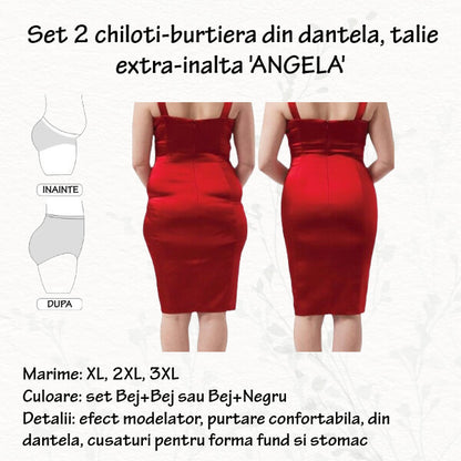 PRET PROMO- Set 2 chiloti burtiera din dantela 'ANGELA' talie extra inalta, marimi XL, 2XL, 3XL