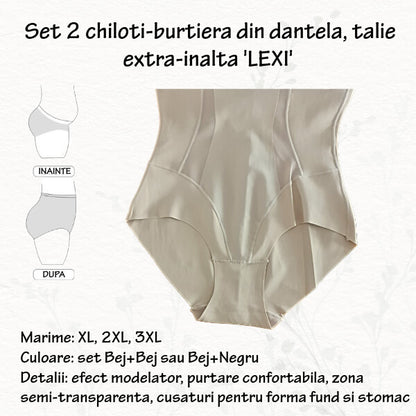 Set 2 chiloti burtiera 'LEXI' cu benzi semi-transparente, talie extra inalta, marimi XL, 2XL