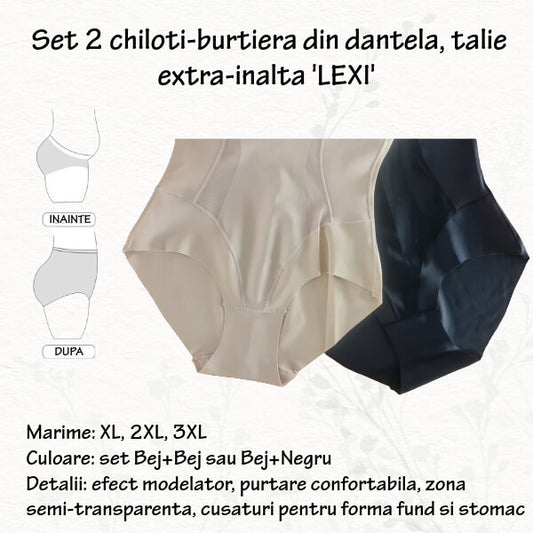 Set 2 chiloti burtiera 'LEXI' cu benzi semi-transparente, talie extra inalta, marimi XL, 2XL