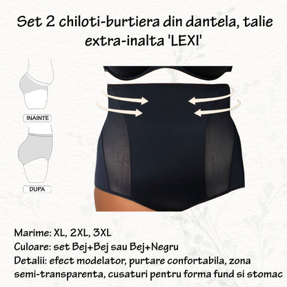 Set 2 chiloti burtiera 'LEXI' cu benzi semi-transparente, talie extra inalta, marimi XL, 2XL