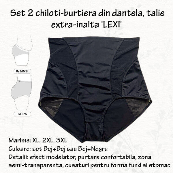 Set 2 chiloti burtiera 'LEXI' cu benzi semi-transparente, talie extra inalta, marimi XL, 2XL