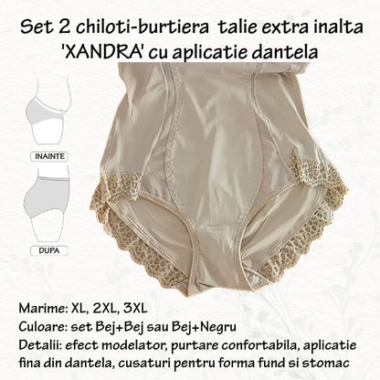 Set 2 chiloti burtiera 'XANDRA' cu benzi semi-transparente si dantela, talie extra inalta, marimi 2XL