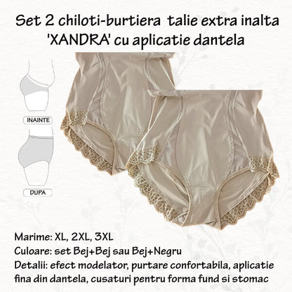 Set 2 chiloti burtiera 'XANDRA' cu benzi semi-transparente si dantela, talie extra inalta, marimi 2XL