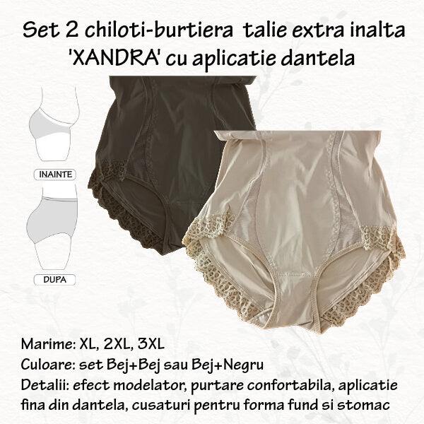 Set 2 chiloti burtiera 'XANDRA' cu benzi semi-transparente si dantela, talie extra inalta, marimi 2XL